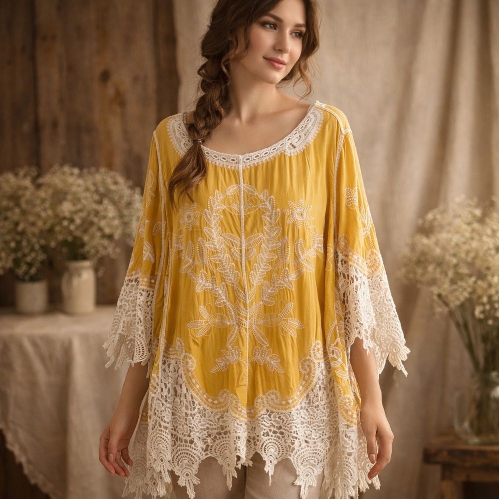 C EST. 1946 Women’s Boho Yellow Blouse 3/4 Sleeve‎ Crochet Embroidered SZ 22/24
